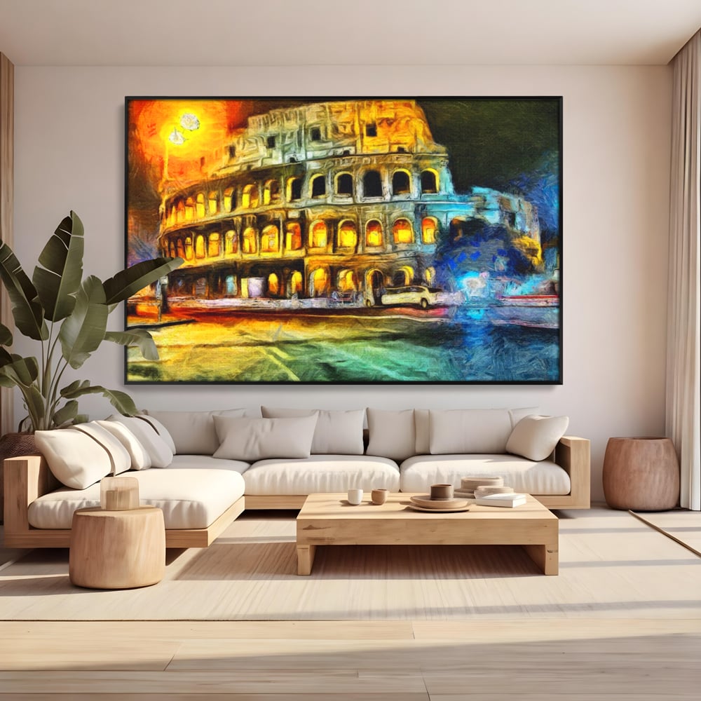 Tablou canvas cu pictura digitala cu colosseumul din roma noaptea, in rama de aluminiu negru, pe perete intr-un living